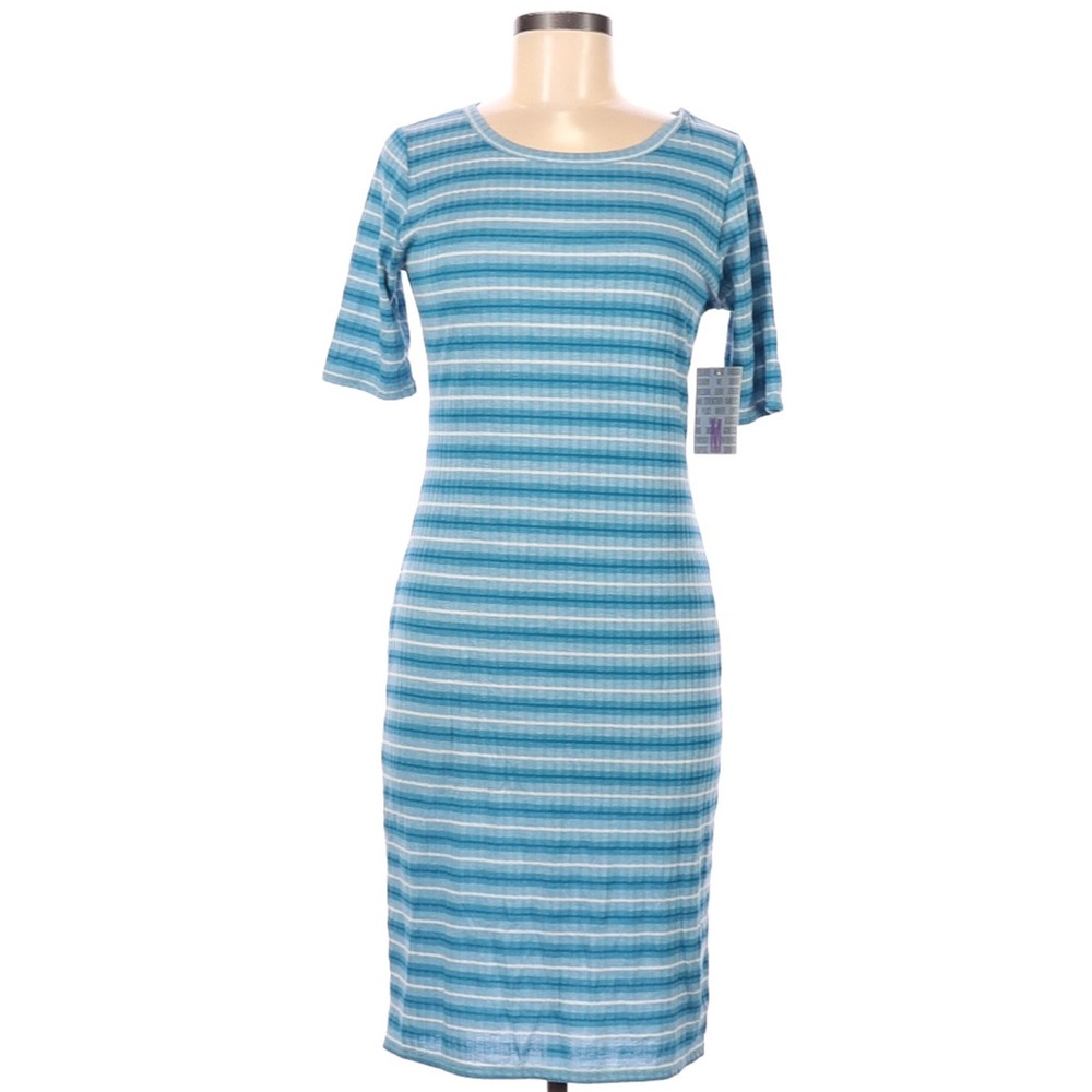 LulaRoe Julia Dress Medium Ribbed Striped Blue NWT